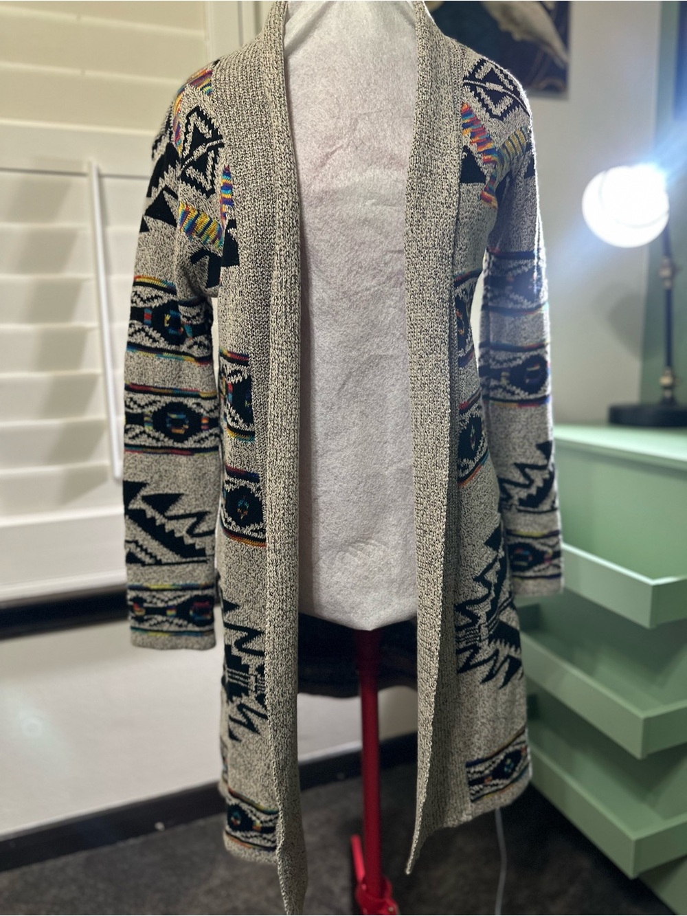 Open-Front Aztec Knit Cardigan - Gray with Multicolor Accents